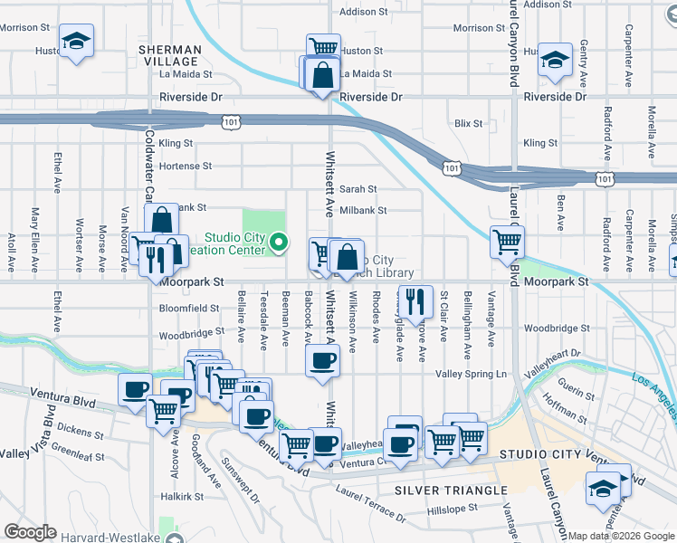 map of restaurants, bars, coffee shops, grocery stores, and more near 12511 Moorpark Street in Los Angeles