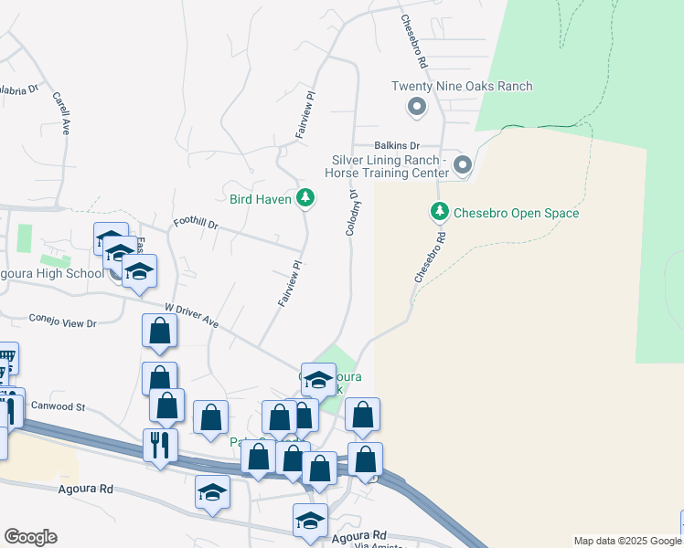 map of restaurants, bars, coffee shops, grocery stores, and more near 5619 Colodny Drive in Agoura Hills