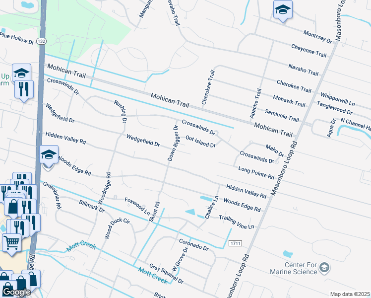 map of restaurants, bars, coffee shops, grocery stores, and more near 4907 Wedgefield Drive in Wilmington