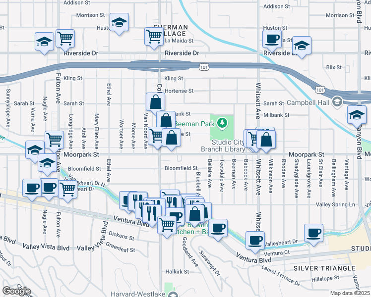 map of restaurants, bars, coffee shops, grocery stores, and more near 12801 Moorpark Street in Los Angeles