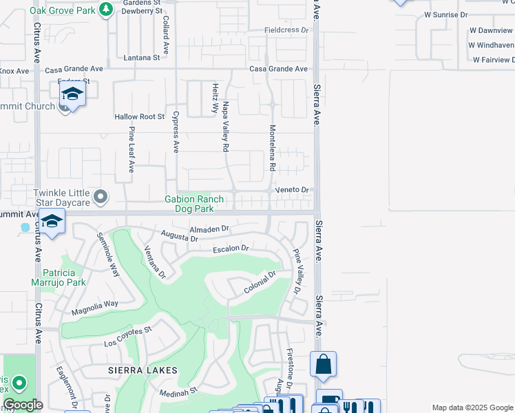 map of restaurants, bars, coffee shops, grocery stores, and more near 16681 Wyndham Lane in Fontana