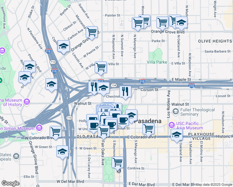 map of restaurants, bars, coffee shops, grocery stores, and more near 311 North Raymond Avenue in Pasadena