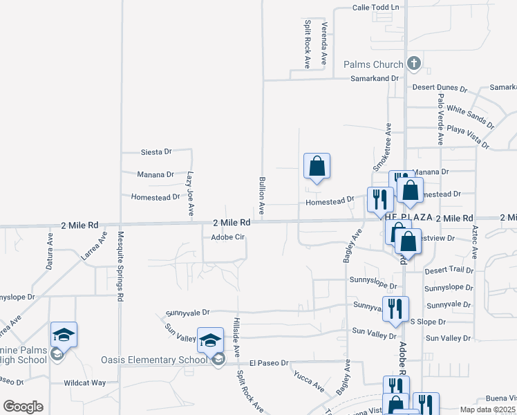 map of restaurants, bars, coffee shops, grocery stores, and more near 5651 Skyview Lane in Twentynine Palms