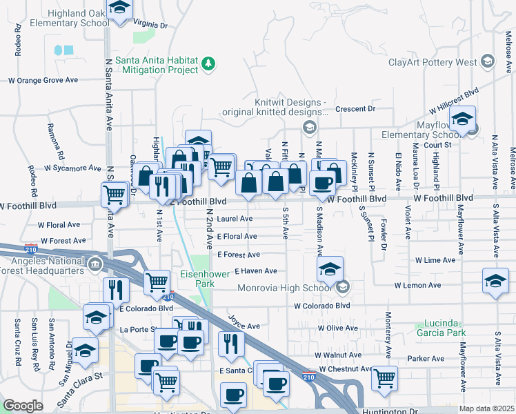 map of restaurants, bars, coffee shops, grocery stores, and more near 303 Laurel Avenue in Arcadia