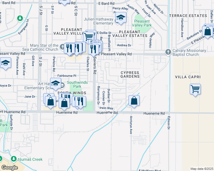 map of restaurants, bars, coffee shops, grocery stores, and more near 221 Grissom Way in Oxnard