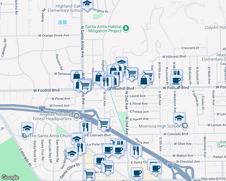 map of restaurants, bars, coffee shops, grocery stores, and more near 1009 Wigwam Avenue in Arcadia