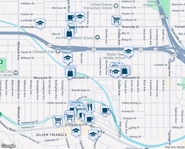 map of restaurants, bars, coffee shops, grocery stores, and more near 4411 Radford Avenue in Los Angeles