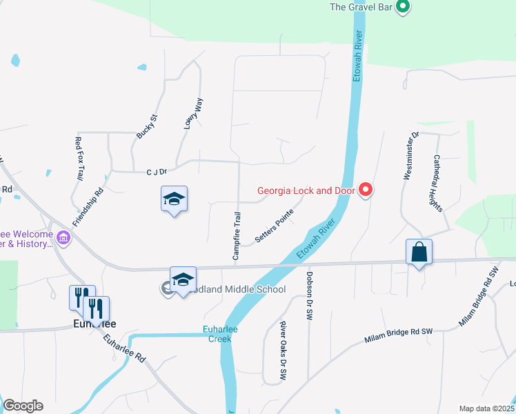 map of restaurants, bars, coffee shops, grocery stores, and more near 40 Winchester Drive in Euharlee