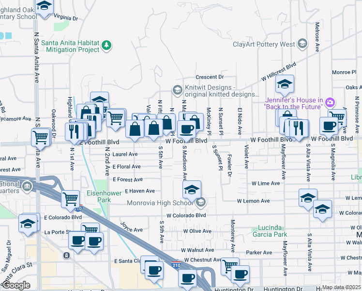 map of restaurants, bars, coffee shops, grocery stores, and more near 115 South Madison Avenue in Monrovia