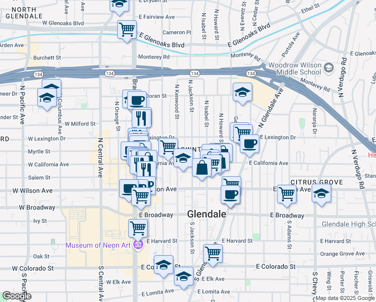 map of restaurants, bars, coffee shops, grocery stores, and more near 323 North Jackson Street in Glendale