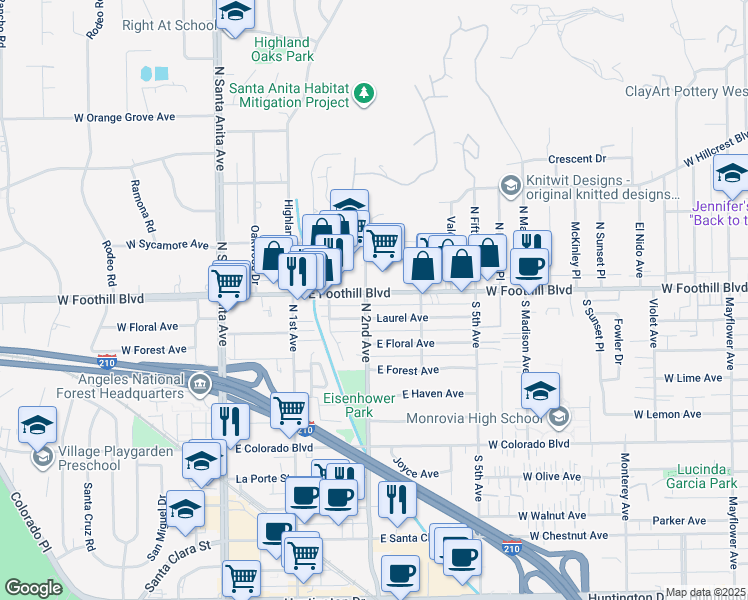 map of restaurants, bars, coffee shops, grocery stores, and more near 221 Laurel Avenue in Arcadia