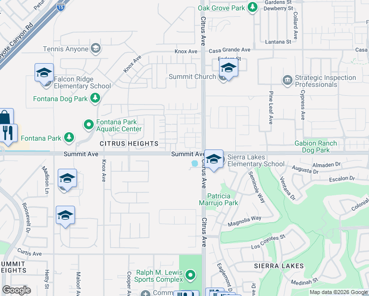 map of restaurants, bars, coffee shops, grocery stores, and more near 15820-16098 Summit Ave in Fontana