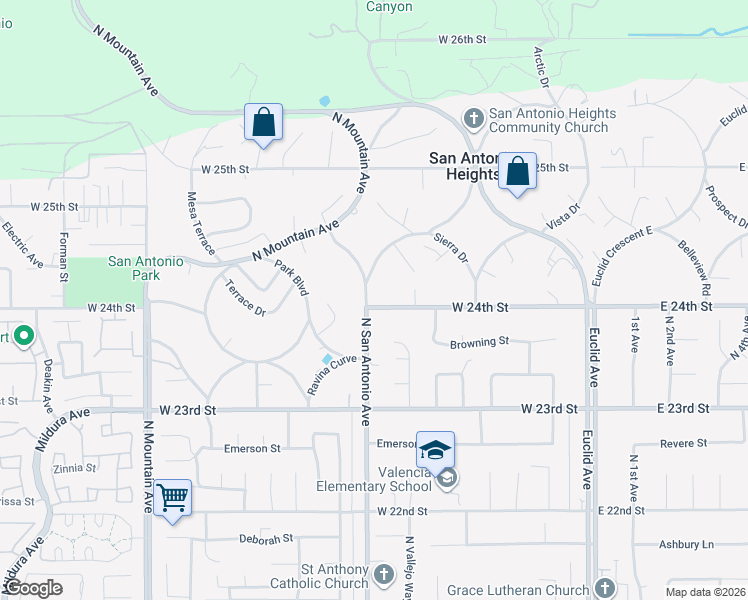 map of restaurants, bars, coffee shops, grocery stores, and more near 730 West 24th Street in Upland