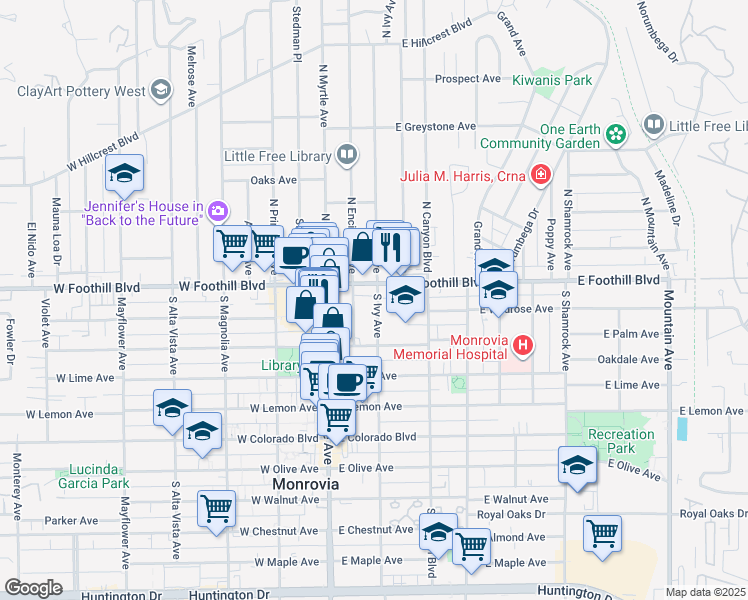 map of restaurants, bars, coffee shops, grocery stores, and more near 123 South Ivy Avenue in Monrovia