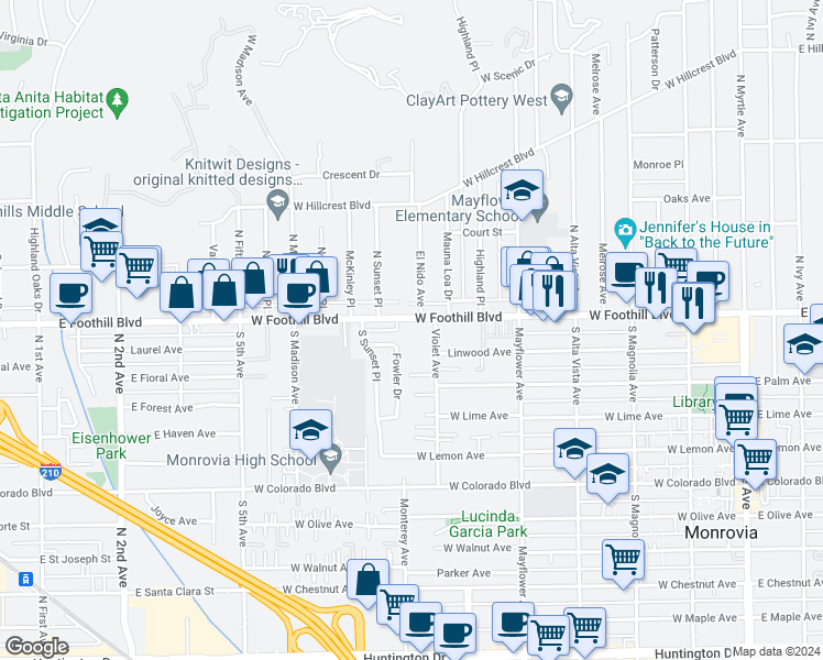 map of restaurants, bars, coffee shops, grocery stores, and more near 144 Fowler Drive in Monrovia