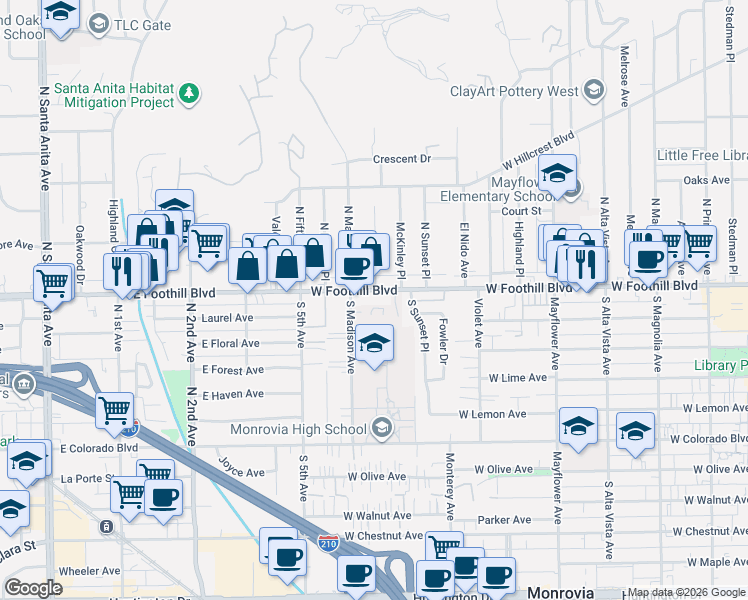 map of restaurants, bars, coffee shops, grocery stores, and more near 826 West Foothill Boulevard in Monrovia