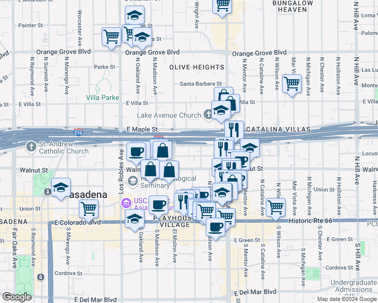 map of restaurants, bars, coffee shops, grocery stores, and more near 713 Locust Street in Pasadena