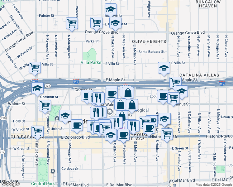 map of restaurants, bars, coffee shops, grocery stores, and more near 509 East Walnut Street in Pasadena