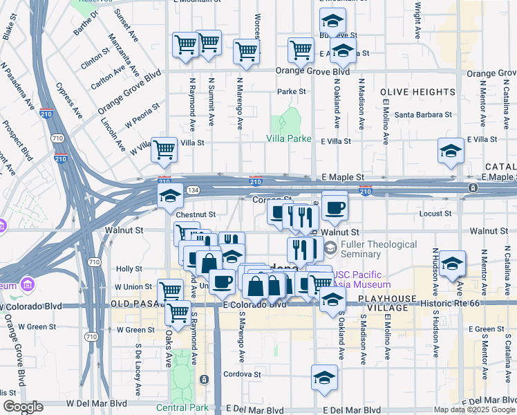 map of restaurants, bars, coffee shops, grocery stores, and more near 270 Garfield Avenue in Pasadena