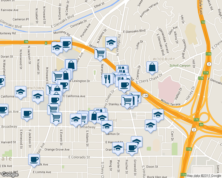 map of restaurants, bars, coffee shops, grocery stores, and more near 320 McHenry Road in Glendale
