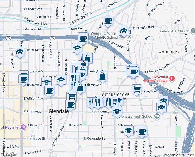 map of restaurants, bars, coffee shops, grocery stores, and more near 315 North Adams Street in Glendale