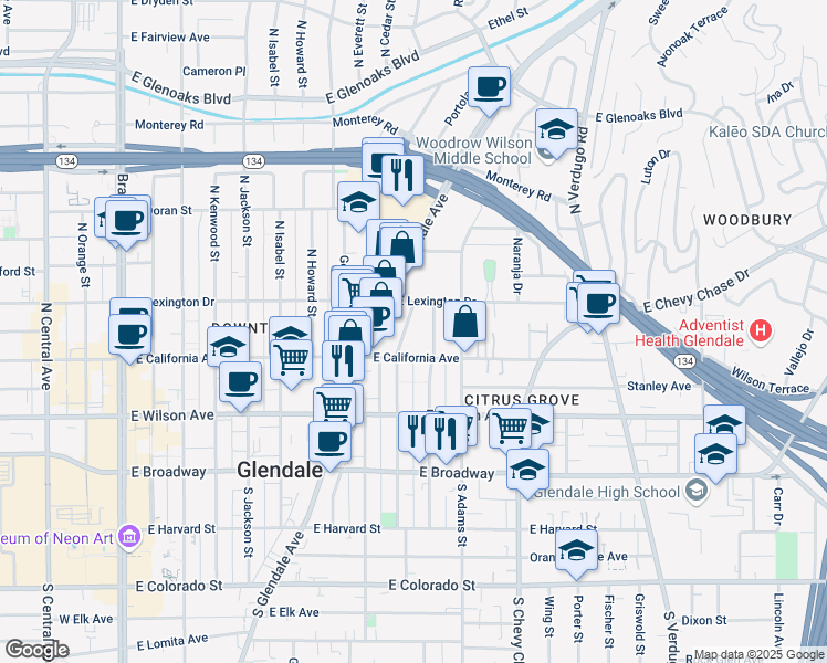 map of restaurants, bars, coffee shops, grocery stores, and more near 316 North Cedar Street in Glendale