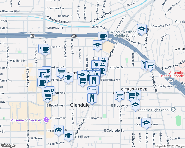 map of restaurants, bars, coffee shops, grocery stores, and more near 311a Geneva Street in Glendale