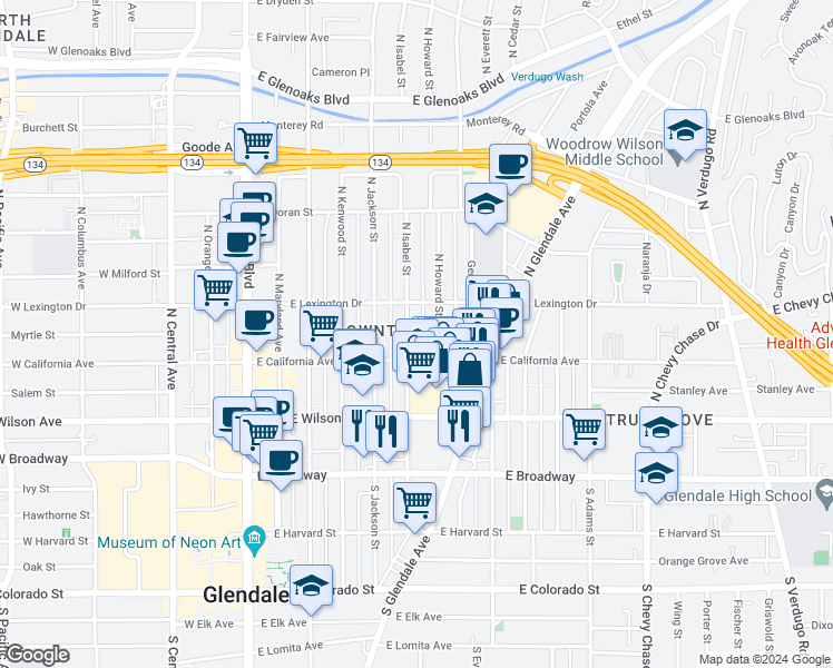 map of restaurants, bars, coffee shops, grocery stores, and more near 315 North Howard Street in Glendale