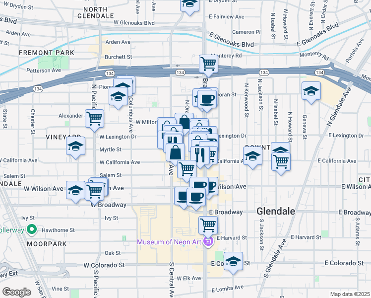 map of restaurants, bars, coffee shops, grocery stores, and more near 315 North Orange Street in Glendale