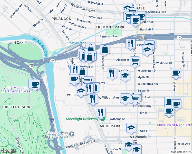 map of restaurants, bars, coffee shops, grocery stores, and more near 324 Concord Street in Glendale