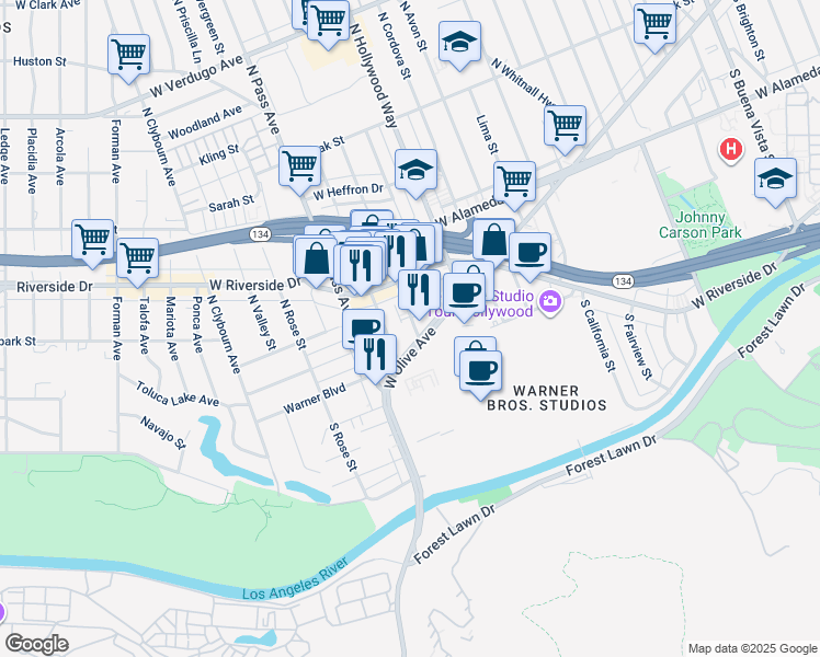 map of restaurants, bars, coffee shops, grocery stores, and more near 3827 West Olive Avenue in Burbank