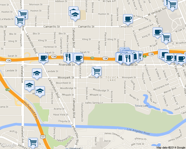 map of restaurants, bars, coffee shops, grocery stores, and more near 10403 Moorpark Street in Los Angeles