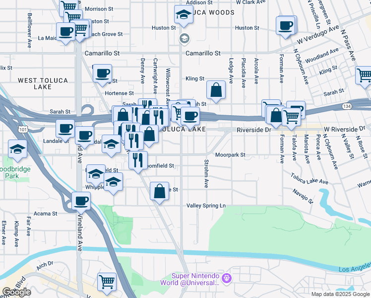 map of restaurants, bars, coffee shops, grocery stores, and more near 10535 Moorpark Street in Los Angeles