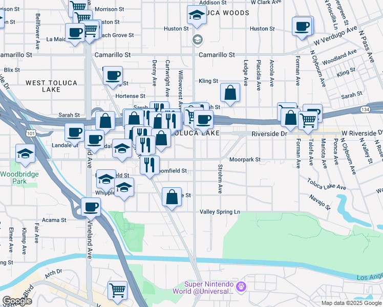 map of restaurants, bars, coffee shops, grocery stores, and more near 10611 Moorpark Street in Los Angeles