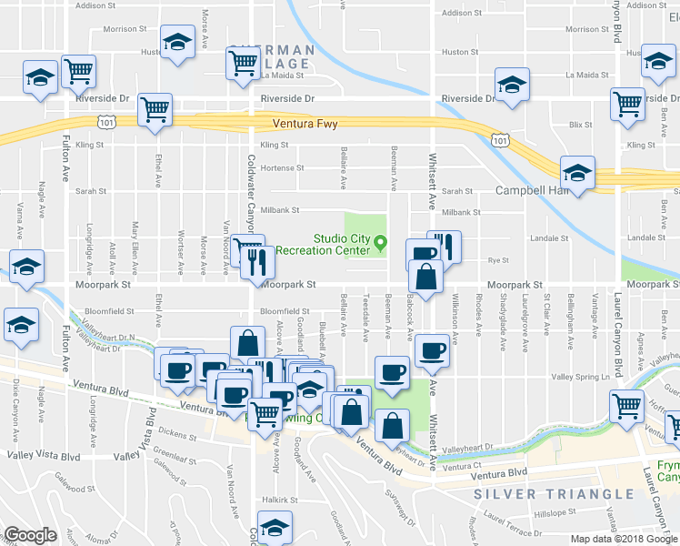 map of restaurants, bars, coffee shops, grocery stores, and more near 12715 Moorpark Street in Los Angeles