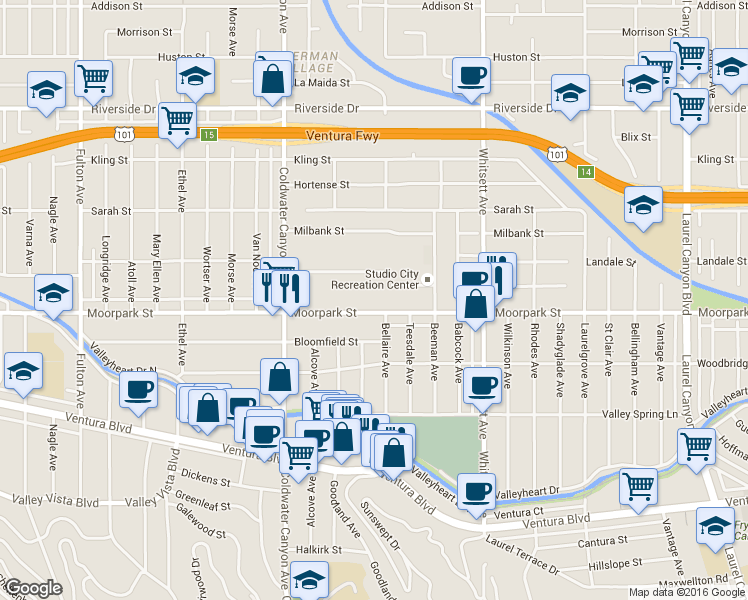 map of restaurants, bars, coffee shops, grocery stores, and more near 12715 Moorpark Street in Los Angeles