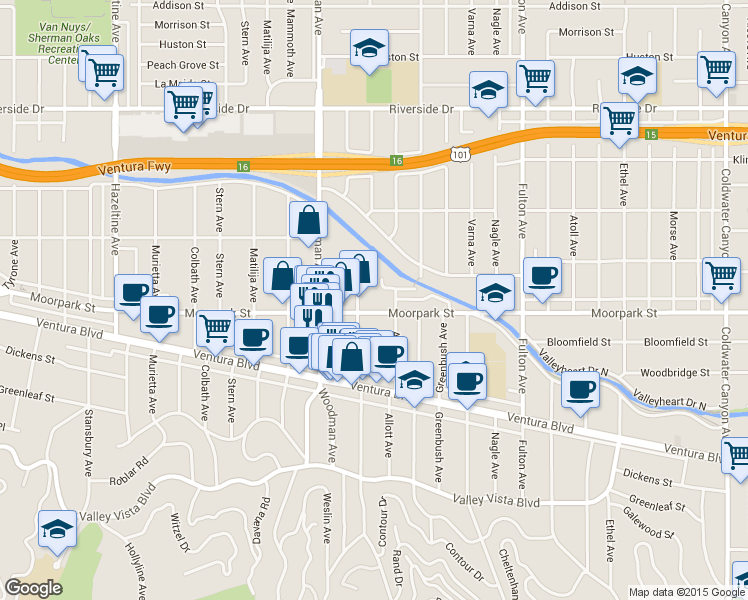 map of restaurants, bars, coffee shops, grocery stores, and more near 13577 Moorpark Street in Los Angeles