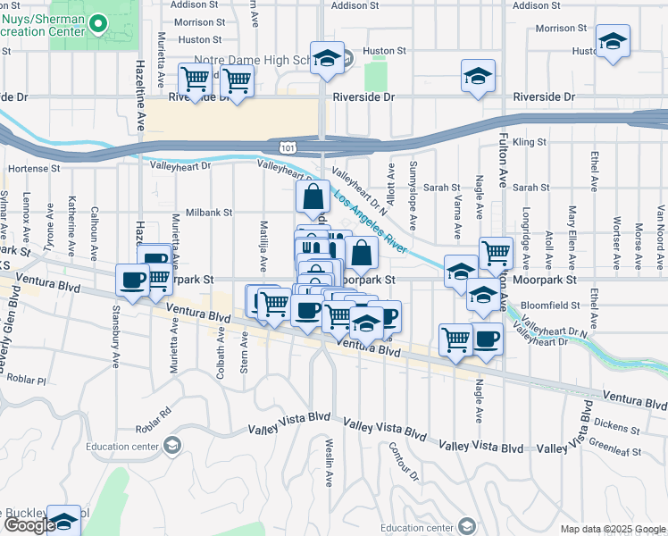 map of restaurants, bars, coffee shops, grocery stores, and more near 4356 Woodman Avenue in Los Angeles