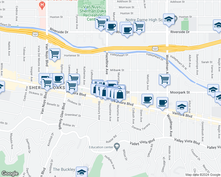 map of restaurants, bars, coffee shops, grocery stores, and more near 14049 Ventura Boulevard in Los Angeles
