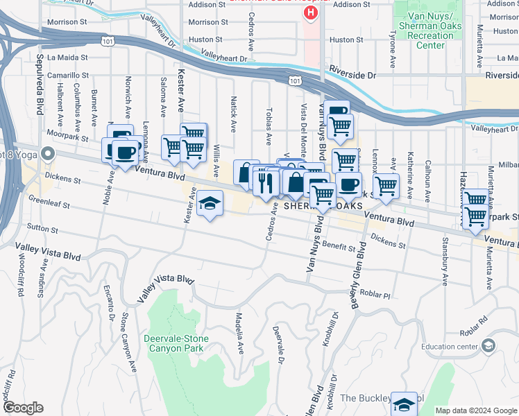 map of restaurants, bars, coffee shops, grocery stores, and more near 4319 Cedros Avenue in Los Angeles