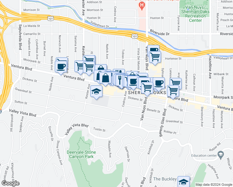 map of restaurants, bars, coffee shops, grocery stores, and more near 14647 Dickens Street in Los Angeles