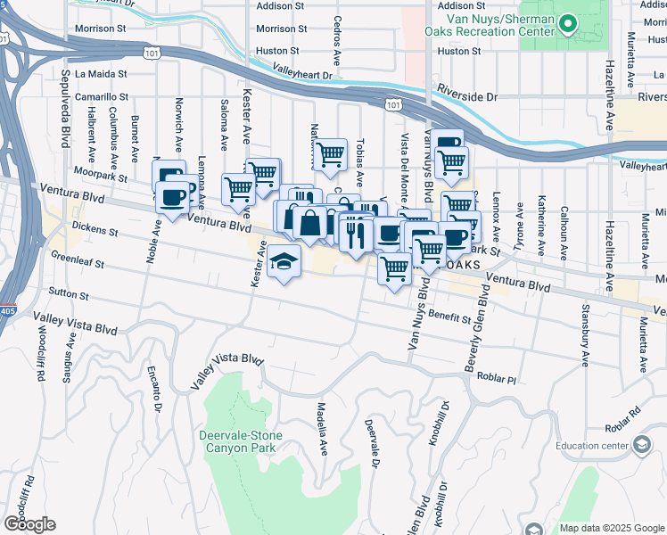 map of restaurants, bars, coffee shops, grocery stores, and more near 14647 Dickens Street in Los Angeles
