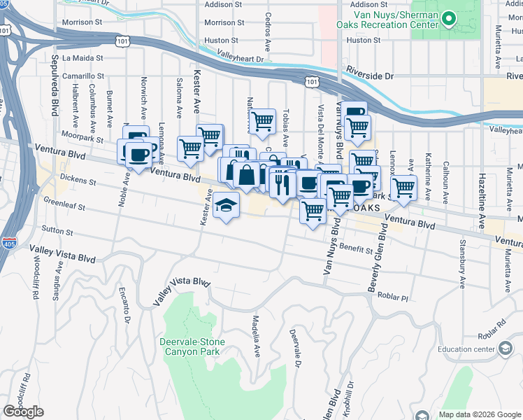 map of restaurants, bars, coffee shops, grocery stores, and more near 14647 Dickens Street in Los Angeles