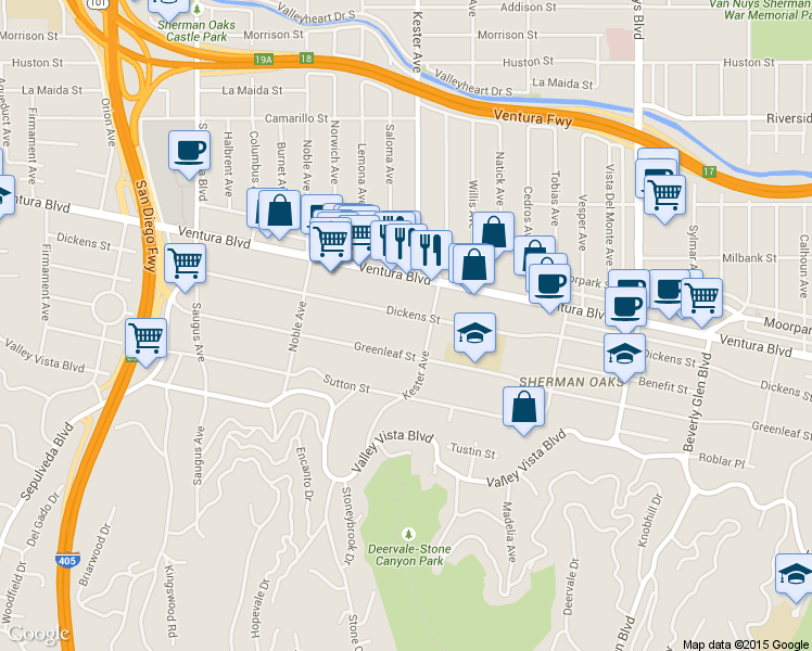 map of restaurants, bars, coffee shops, grocery stores, and more near 14906 Dickens Street in Los Angeles