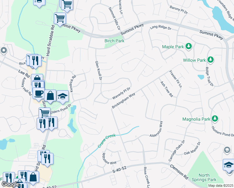 map of restaurants, bars, coffee shops, grocery stores, and more near 1315 Waverly Place Lane in Columbia