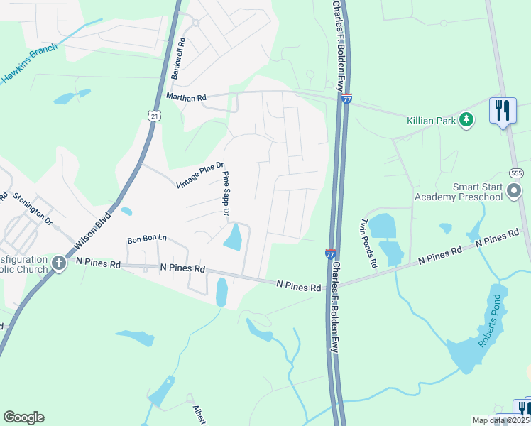 map of restaurants, bars, coffee shops, grocery stores, and more near 505 Hatteras Drive in Blythewood