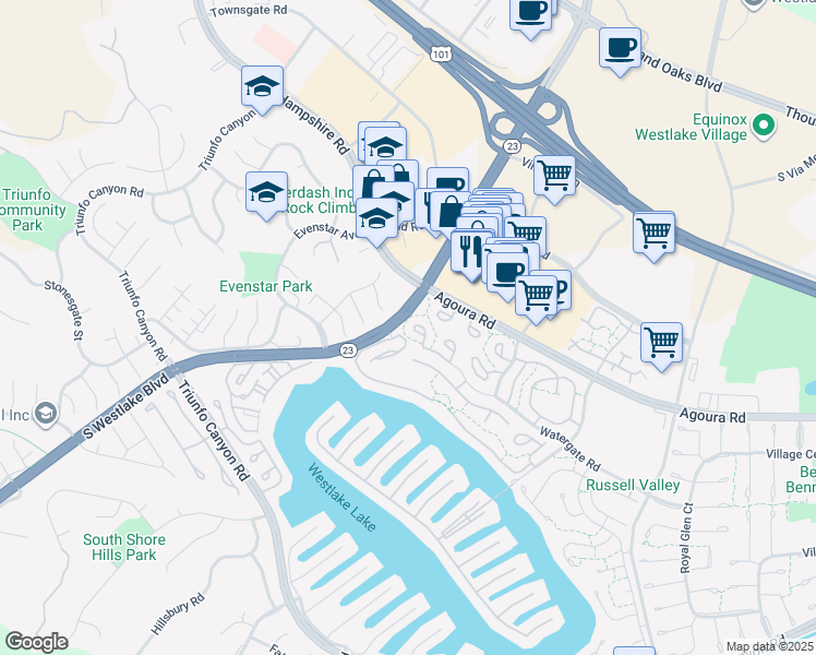 map of restaurants, bars, coffee shops, grocery stores, and more near 1117 Glenbridge Circle in Westlake Village