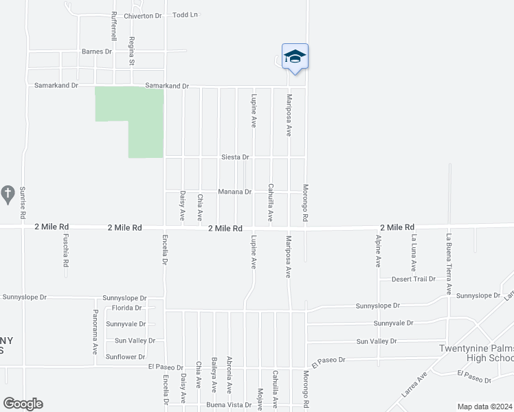 map of restaurants, bars, coffee shops, grocery stores, and more near 5645 Lupine Avenue in Twentynine Palms