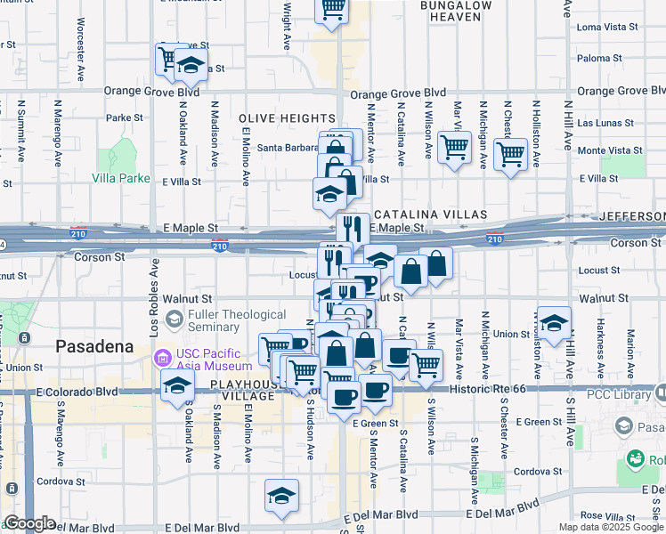 map of restaurants, bars, coffee shops, grocery stores, and more near 301 North Lake Avenue in Pasadena