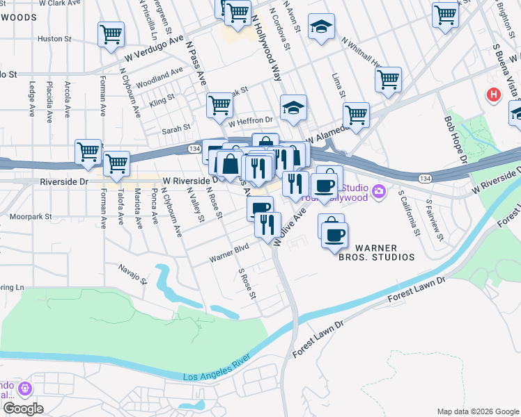 map of restaurants, bars, coffee shops, grocery stores, and more near 140 North Pass Avenue in Burbank
